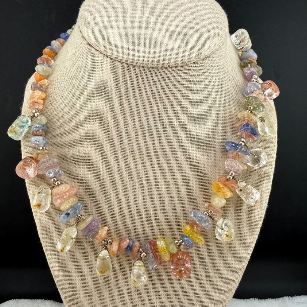 Modern Necklace Multicolor Tumbled Gemstone Chip Fringe Boho Wire Wrapped 18"